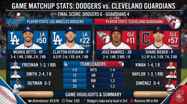 dodgers vs cleveland guardians match player stats